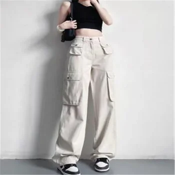 2023 Нови панталони-карго с висока талия, дамски панталони, чифт женски странични джобове, без светкавица, Y2K, модни преки свободни ежедневни панталони