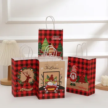 6шт Коледна хартия в червената клетка в стила на Дядо Коледа, торбички за опаковане на бонбони за децата, опаковки за бисквити, Нова година Коледна украса