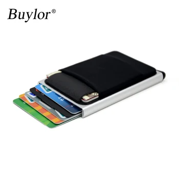 Buylor Тънък алуминиев чантата си, метален RFID-притежател на кредитна карта, автоматично поп калъф за банкови карти с еластична задния капак, портмонета за монети