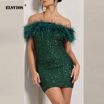 Вечерни Секси мини поли с яка в една линия, стегнати бедра, стегнати гърди, елегантна приталенное женствена рокля с пайети и пера, новост 2024 г., женствена рокля в стил мозайка.