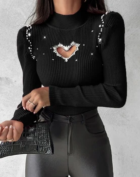 Всекидневни женски пуловер за Есента на мода 2023 година с дълъг ръкав и имитация на устата, с кристали, с кухи сърце, вязаный пуловер, Универсален пуловер