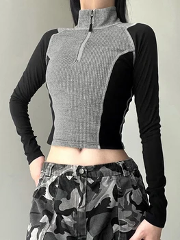 Дамски трикотажни krop-върховете, модерен оборудвана пуловер в контрастен цвят, с високо воротом, Гранжевая риза с дълъг ръкав с цип наполовина, градинска облекло