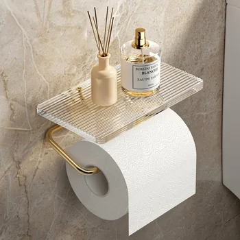 Държач за тоалетна хартия с рафт - Стенен държач за ролка хартия за баня, неръждаем Акрил и алуминиев държач за тоалетни кърпички, златни