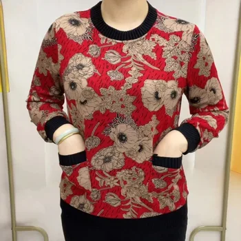 Есенно-зимни новости 2023, дамска мода, кръгъл отвор, джобове в стил мозайка, ежедневни свободните пуловери с принтом, блузи с дълъг ръкав