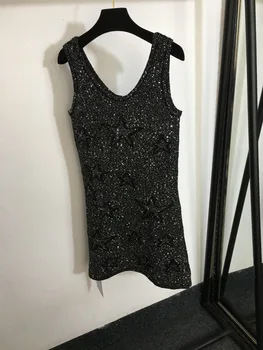Есента жена топ 2023, ново модно трикотажное рокля-камизола с пайети, черна 9349