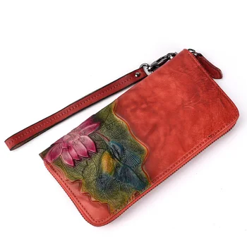 Жена дълъг портфейл, клатч за пари, чанти на китката, удобна чанта с цип държач за карти, Ретро женски портфейл от естествена кожа с птичи цвете