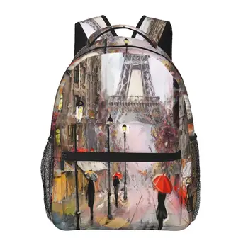 Жена раница, хората под червен чадър на улицата на Париж, училищна чанта за рисуване, мъжки дамски пътна чанта, всекидневни училище раница