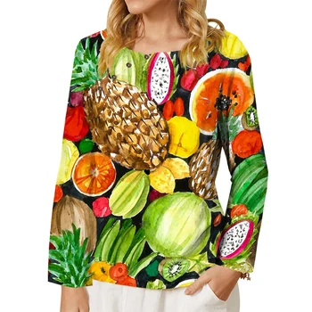 Женска тениска CLOOCL с акварельным плодов модел за парти, тениски с дълъг ръкав и копчета, с 3D-принтом, кавайная тениска, потник оверсайз
