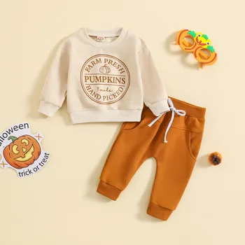 Зимни панталони за малки момчета, блузи и панталони с принтом Тиква за Хелоуин, комплект от 2 предмети и дрехи