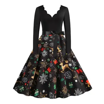Зимните Коледни рокли За жени и момичета, Винтажное в Елегантна вечерна рокля, ежедневна рокля с дълъг ръкав и принтом, черна рокля