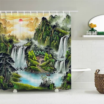 Китайска живопис туш Пейзаж завеса за душ от плат Водоустойчив печат Завеси за баня, Декорирани с 12 куки