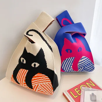 Контрастная чанта на китката в ретро стил с кошачьим възел, вязаная чанта ръчна изработка, Мини-преносим Японската ежедневна чанта-тоут пазарски чанти за Многократна употреба