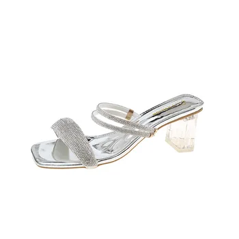 Кристални сандали на висок ток диамантени сандали с кристали чехли за баня, градинска и плажна обувь2023 златни квадратни летни сандали