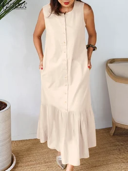 Лятото на Макси рокля 2023 ZANZEA, женски Ежедневното Свободно рокля без ръкави с копчета, празнични Дълги халати за баня с къдри хем, Однотонное рокля