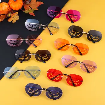 Модни слънчеви очила без рамки за жени, мъжки слънчеви очила под формата на тиква, Vintage слънчеви очила с овални деколте за парти в чест на Хелоуин