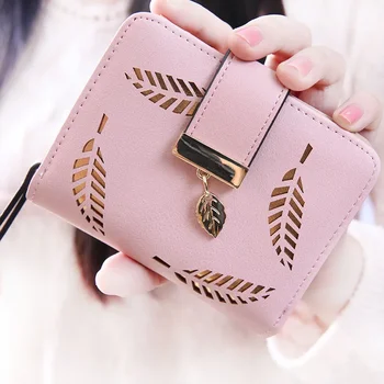 Новият корейски женски портфейл от изкуствена кожа, дамски къс чанта за пари, с цип, малък портфейл с кухи листа, портмонета за жени
