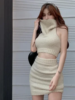 Новият Корейски модерен сладък вязаный комплект от 2 теми, дамско поло без ръкави, секси пуловер с отворен гръб, съкратен топ + облегающая пола, комплекти
