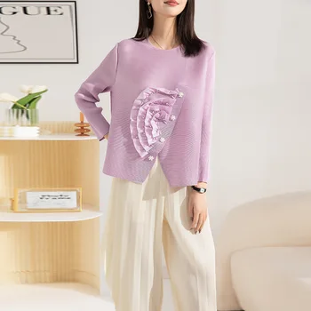 Плиссированная тениска с кръгло деколте и дълъг ръкав, дамски дрехи, пролет 2023, Елегантна свободна еластична горна дреха с цветен модел в голям размер, най поръчка