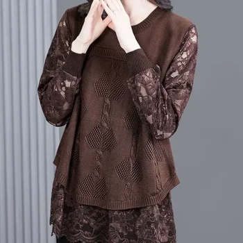 Пролетно-есенен женски пуловер с кръгло деколте, однотонное дантелено продукт с заплатками, без приятелка, дълъг ръкав средна дължина, модни върхове на лигавицата