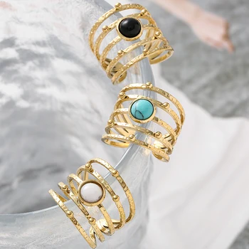 Пръстен от естествен камък и неръждаема стомана За жени, Модерно Многослойно Регулируема Отворен пръстен, Позлатените Тюркоазено пръстен, Вечерни украса