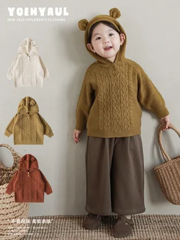 Пуловер с качулка за момичета, пролет-есен, нов детски монофонични вязаный топ