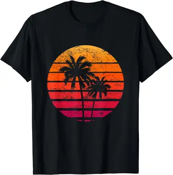 Реколта плажната тениска в ретро стил с палми на залез слънце и тропически почивка, размер S-5XL