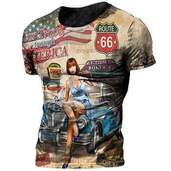 Реколта тениска Route 66 За Мъже С 3D Принтом Колоездач Мотор Мъжки Тениски Оверсайз Тениска Route 66 Racing С къс ръкав Camiseta