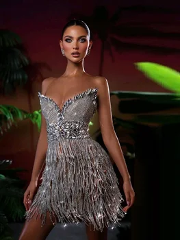 Секси мини рокля с отворен гръб и отворени рамене, модерно рокля с перли и диаманти, вечерна рокля за парти