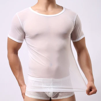 Секси мъжки прозрачна риза в рибарска мрежа, топ за мускулите, клубна дрехи с къс ръкав, блуза, за партита