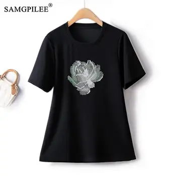 Тениска оверсайз European Station 2023, Летни ризи и блузи, ръчно изработени с бродирани цветя, градинска облекло Slim Y2k, Черен топ за жени