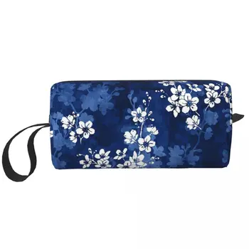 Тъмно сини козметични чанти Sakura Цвят, Череша японски цветя, мъжки косметичка с цветен модел, стилен калъф-органайзер за грим на открито.