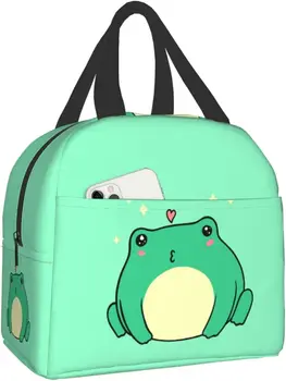 Чанта за обяд Kawaii Green Frog, изолиран обяд-бокс, множество водоустойчива чанта за обяд с преден джоб за пътуване, пикник в офиса.